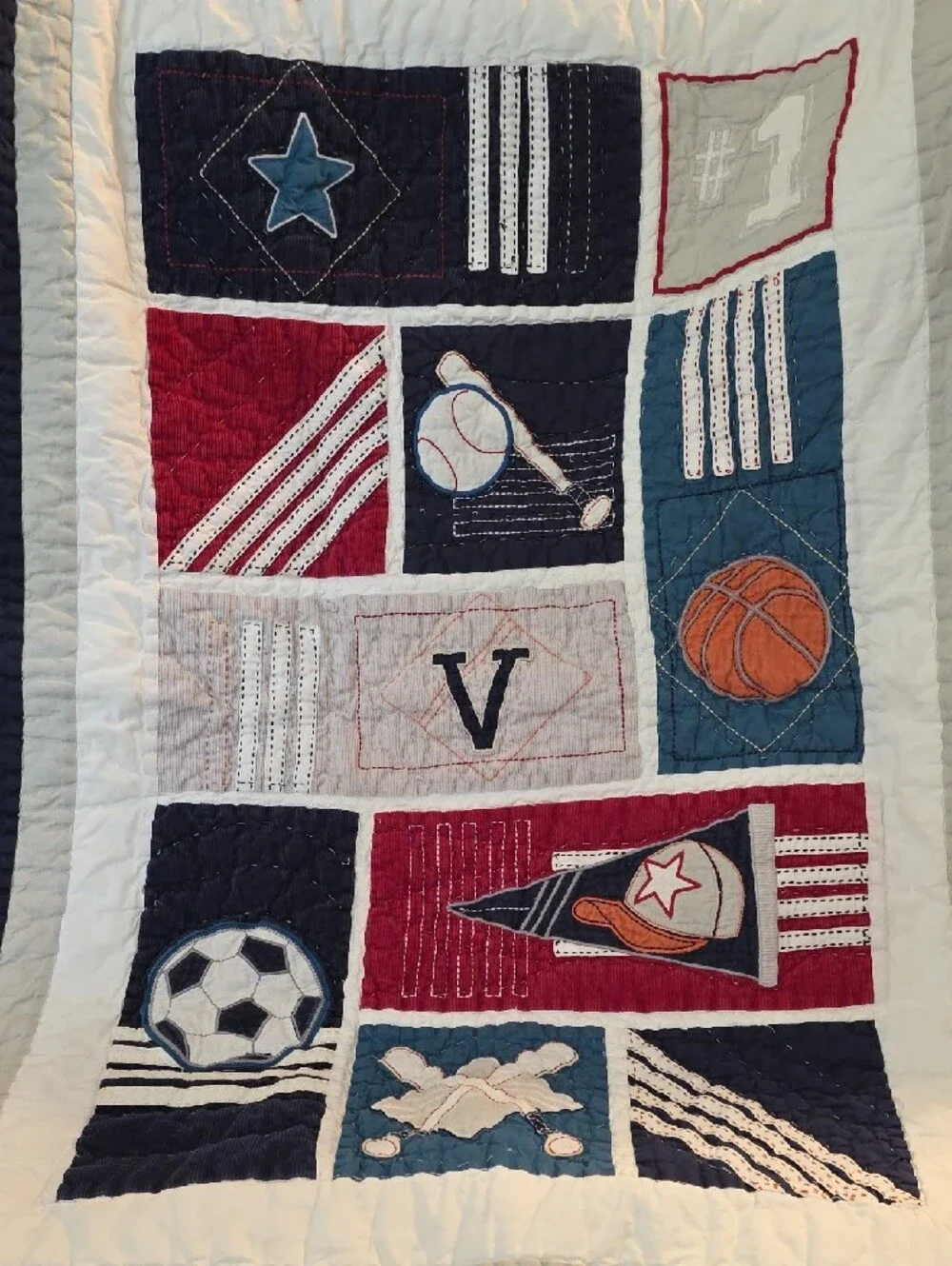 Pottery Barn Kids Junior Varsity Red Navy Sports Patchwork Quilted Toddler Crib